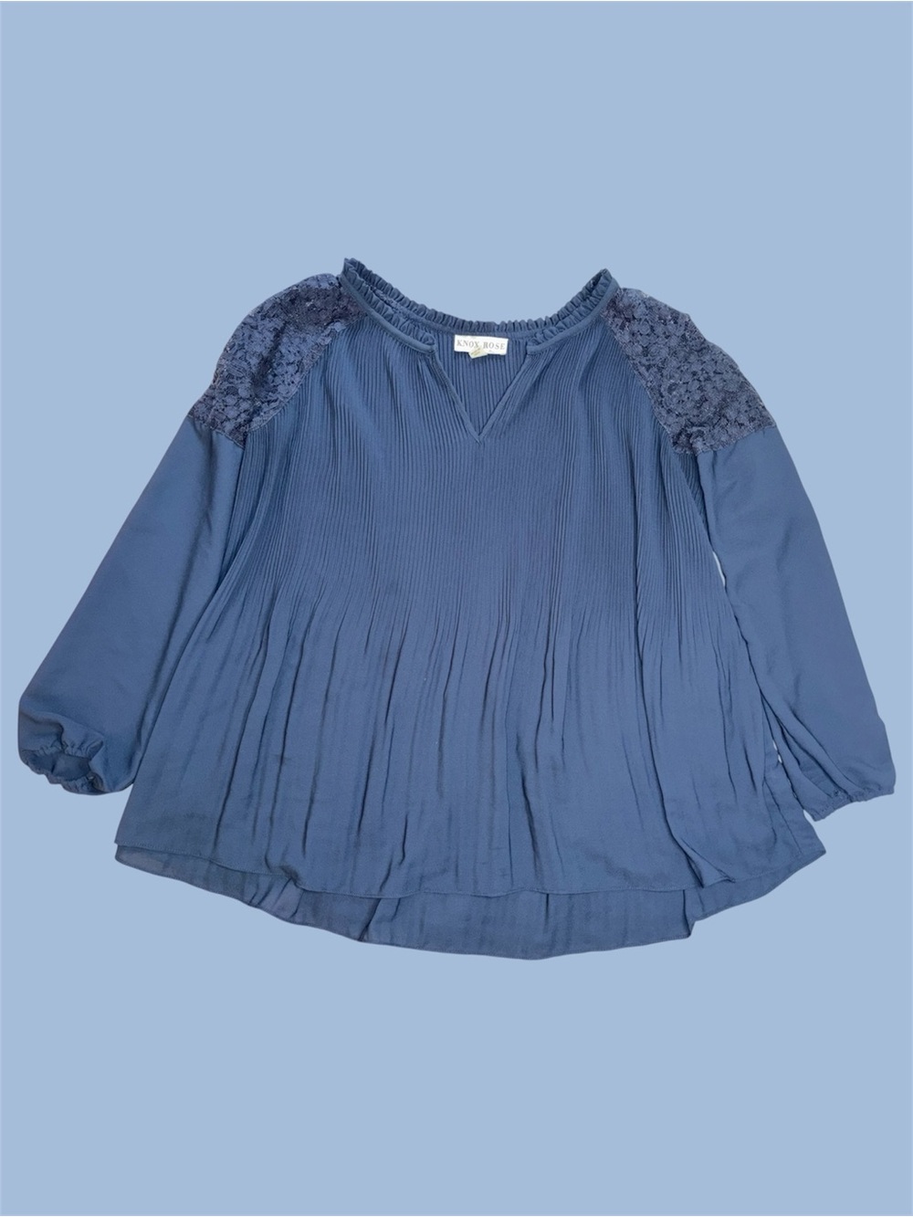 Knox Rose Blue Lace Shoulder Trim Pleated Peasant Blouse